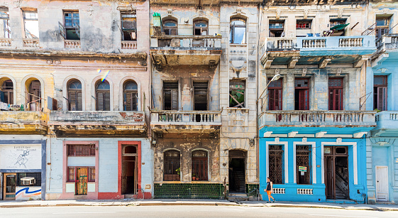 Havana, Cuba - October 20, 2017: Havana Old Town Street Architecture Colorful Buildings