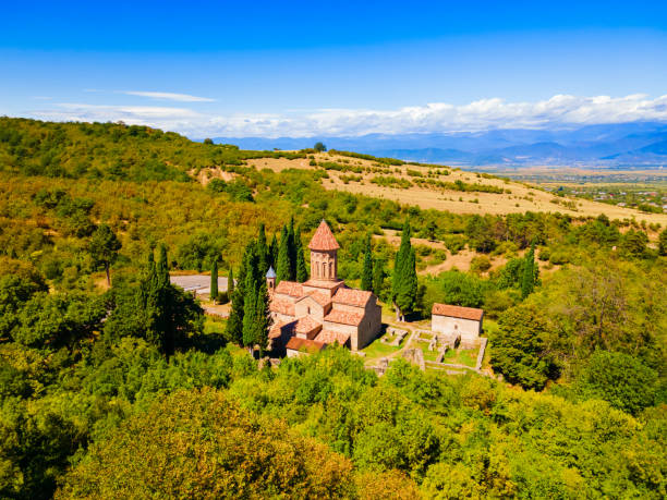 Ikalto Monastery aerial panoramic view, Georgia Ikalto Monastery Complex aerial panoramic view in Kakheti. Kakheti is a region in eastern Georgia with Telavi as its capital. kakheti georgia stock pictures, royalty-free photos & images