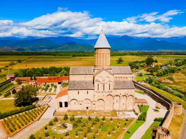 Alaverdi Monastery aerial panoramic view in Kakheti, Georgia Alaverdi Monastery Complex aerial panoramic view in Kakheti. Kakheti is a region in eastern Georgia with Telavi as its capital. kakheti georgia stock pictures, royalty-free photos & images