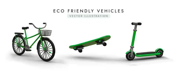 Vector illustration of 3d realistic electric scooter, bike and skateboard. Poster for company selling eco transport