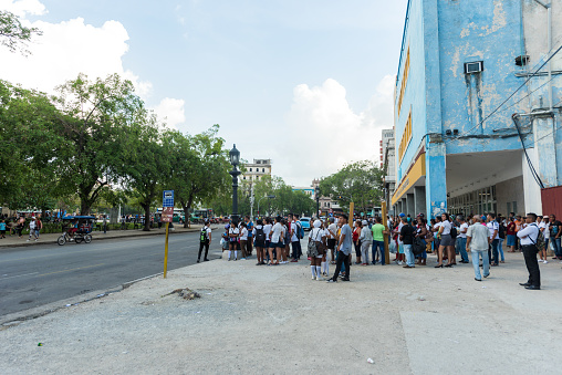 Havana, Cuba - October 23, 2017: Havana Old Town And Bus Station Stop with Many People.