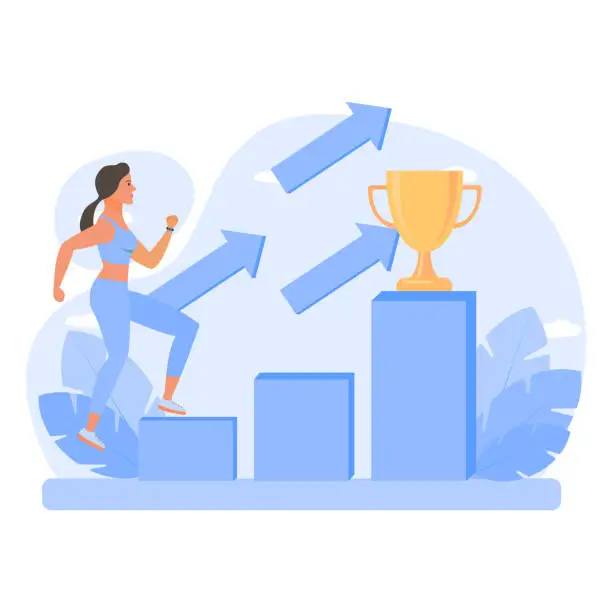 Vector illustration of successful woman gets a gold trophy. Competition of wines. Get gifts and celebrate. Partnership and hard work, success, rewards. Flat style vector illustration.
