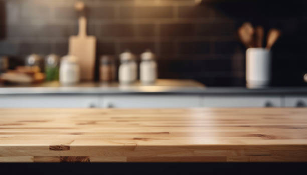 istock empty brown wooden table top and blurred defocused modern kitchen interior background 1492347662