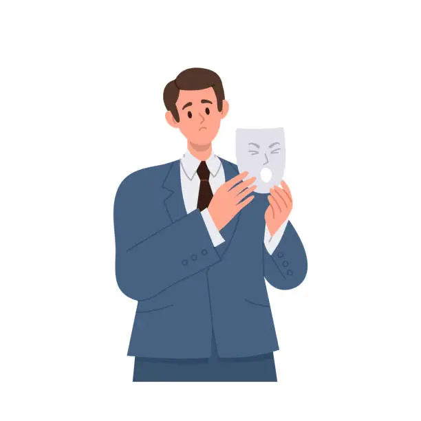Vector illustration of Business man character in suit hiding real sad unhappy emotion under angry screaming face mask