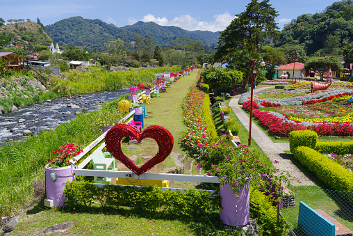 Public gardens in the town of Boquete, looking north, shown in Chiriqui province, Panama on a sunny day.