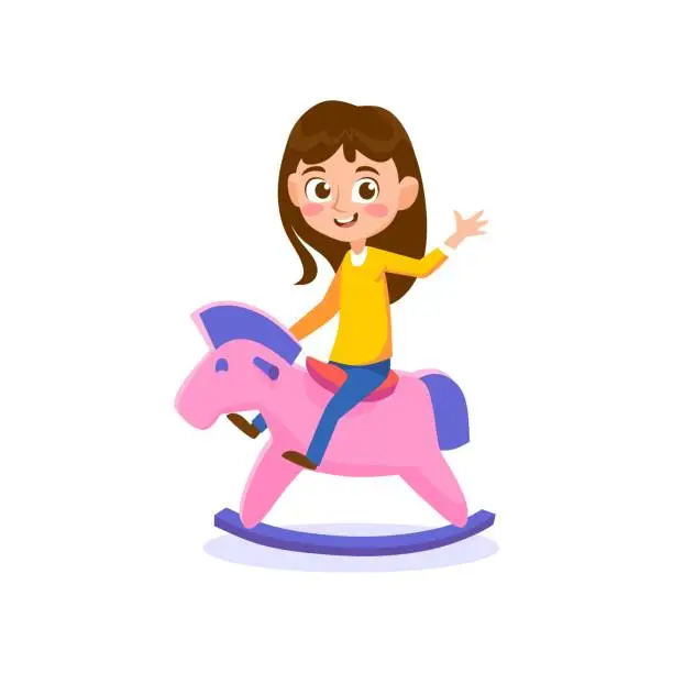 Vector illustration of A cute little girl is riding a rocking horse isolated on a white background