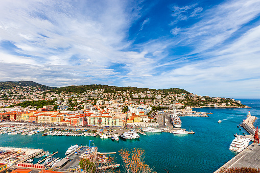 Aerial photograph of Bonifacio port in South of Corsica. Harbour. Limestone cliffs. Fortress.