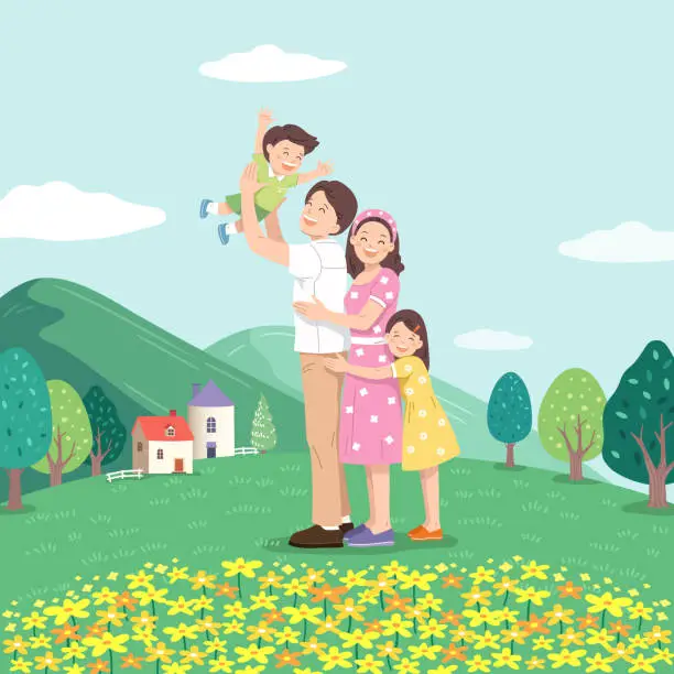 Vector illustration of Happy family against the backdrop of a pretty house and nature. Father, mother and children hugging together.