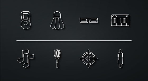 Set line Kettlebell Music note tone synthesizer Target sport Kitchen whisk Badminton shuttlecock Rolling pin and Cinema glasses icon. Vector.