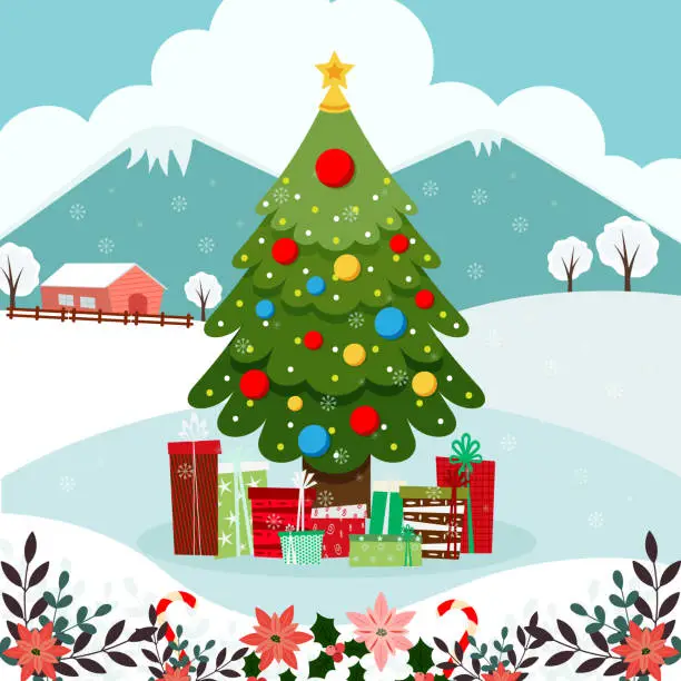 Vector illustration of Christmas illustration with Christmas tree and gift boxes. Winter design. Happy new year. vektor