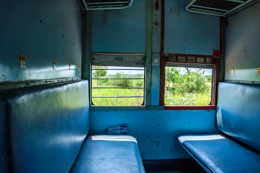 Baramati, India - May 20 2023: Empty second class coach of  a passenger train running from Daund to Baramati, India.