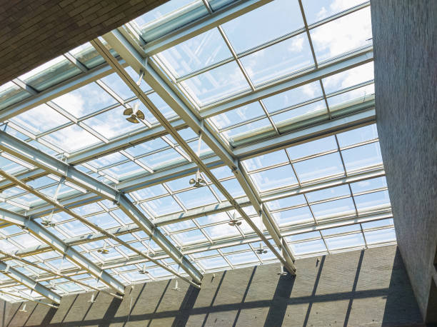 istock Glass roof with support system and LED lights. 1492356973