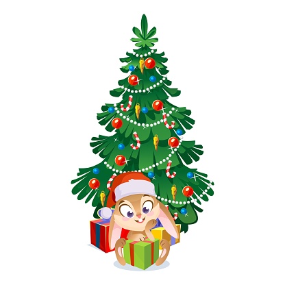 Cute little rabbit in a Christmas hat under an ornamented Christmas tree unwrapping gifts. Cartoon character for New Year greeting cards. Vector illustration isolated on a white background.