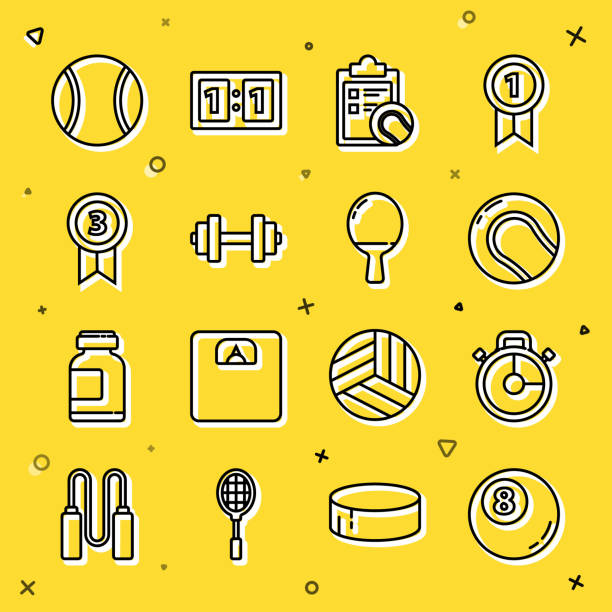 Set line Billiard pool snooker ball, Stopwatch, Baseball, Checklist clipboard and tennis, Dumbbell, Medal, Tennis and Racket for playing table icon. Vector Set line Billiard pool snooker ball Stopwatch Baseball Checklist clipboard and tennis Dumbbell Medal Tennis and Racket for playing table icon. Vector. baseball-scorecard stock illustrations