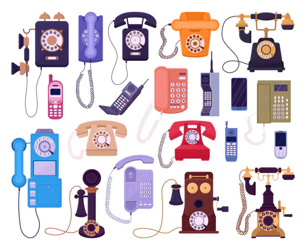 illustrations, cliparts, dessins animés et icônes de téléphones vintage de dessins animés. téléphone portable rétro, vieux téléphone filaire vintage, téléphones rotatifs classiques ensemble d’illustration vectorielle plate. collection de téléphones de la vieille école - old telephone mobile phone retro revival