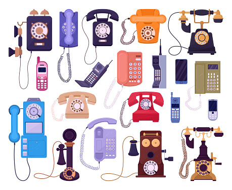 Cartoon vintage phones. Retro cellphone, old vintage wired telephone, classic rotary telephones flat vector illustration set. Old school telephones collection