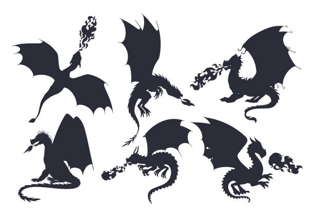 드래곤 실루엣. 날아다니는 불을 내뿜는 파충류, 중세 용 캐릭터. 페어리 드래곤 실루엣 플랫 벡터 일러스트레이션 세트 - fantasy flying dragon monster stock illustrations