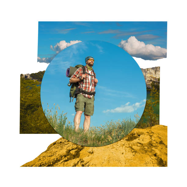 istock Man, tourist with backpack standing on mountain, hiking. Beautiful summer landscape views. Contemporary art collage. 1492358764