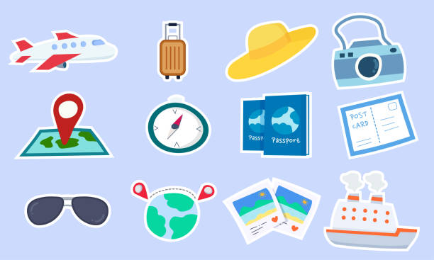 ilustrações de stock, clip art, desenhos animados e ícones de set of travel sticker, labels, tags - compass key globe earth