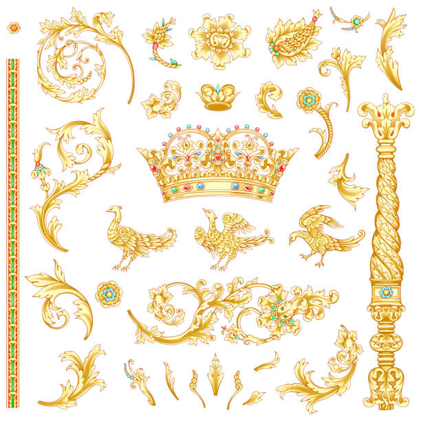 золотой вихрь набор винтажных элементов, клипартов, рамок. - crown frame gold swirl stock illustrations