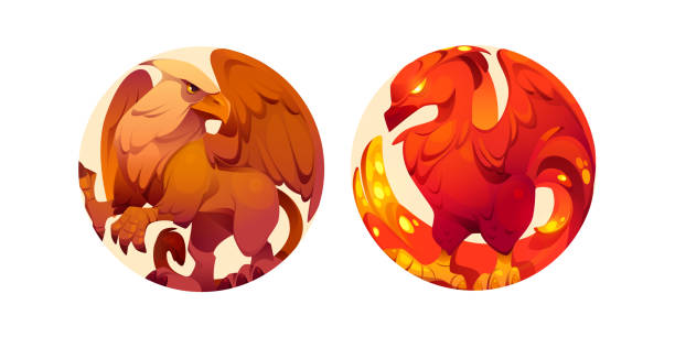 Fantasy creatures, phoenix and hippogriff Fantasy creatures, phoenix and hippogriff. Fire bird and mythical animal characters with wings. Circle icons with fairytale beasts isolated on white background, vector cartoon illustration firebird logo stock illustrations
