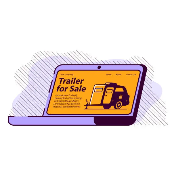 Vector illustration of Rv camper trailer purchase.Truck camper sale.Travel trailers.Motorhome caravan car laptop website.