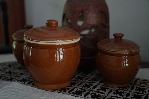 Set clay and ceramic jugs isolated on white background