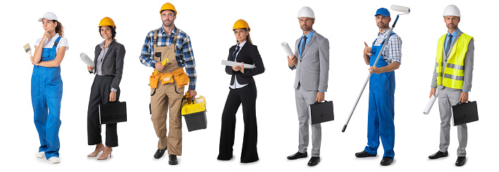 Set collection of portrait construction industry worker stnding full length. Design elements, studio isolated on white background