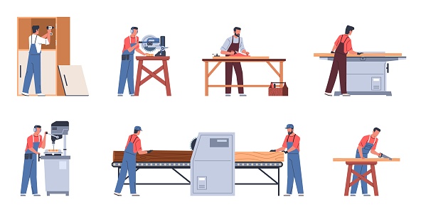 Carpenters characters with furniture. Cartoon men in workwear engaged in wood processing, sawing, drilling and planing, making process cartoon flat style isolated illustration, nowaday vector set