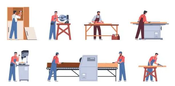 Vector illustration of Carpenters characters with furniture. Cartoon men in workwear engaged in wood processing, sawing, drilling and planing, making process cartoon flat isolated illustration, nowaday vector set