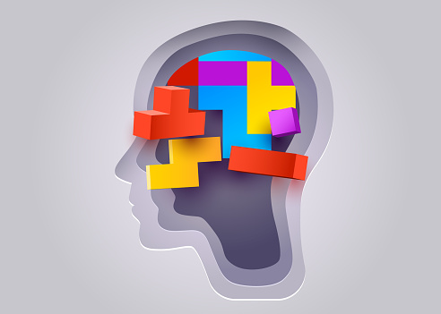 Silhouette of a human head game blocs puzzle. Concept of mental health and psychology. Vector illustration