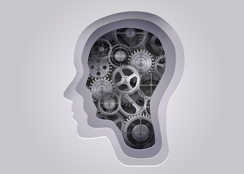 Silhouette of a human head with cogs. Concept of mental health and psychology. Vector illustration