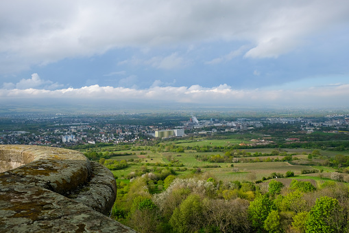 View for Ingelheim am Rhein, Rhineland-Palatinate, Germany from the Bismarck Tower, Monument. Seen from a bird's eye view.