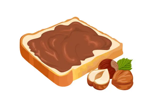 Vector illustration of Slice of bread spread with chocolate cream and hazelnuts isolated on white background. Vector cartoon illustration of sweet food.