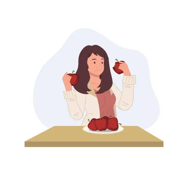 Vector illustration of woman eating healthy fruit food red apple on table. Flat vector illustation