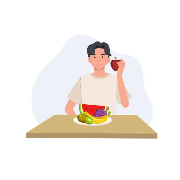 Vector illustration of A young man give suggestion to eat healthy food and eating red apple on table.  Flat vector illustation