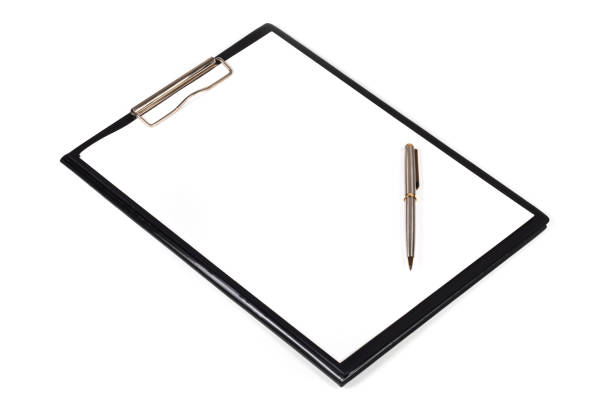 Black tablet with piece of empty paper and pen isolated on white background,