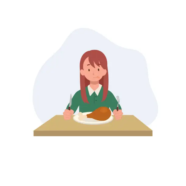 Vector illustration of happy cute little girl at the table is ready to eat fried chicken drumstick, turkey drumstick on the plate , yummy , vector flat style cartoon illustration