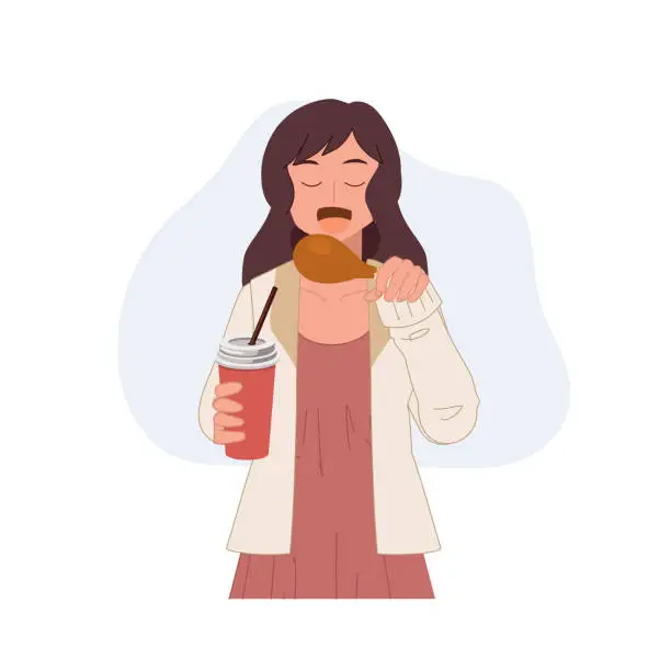 Vector illustration of happy woman with glass of soft drink in one hand is enjoy eating fried chicken drumstick, turkey drumstick , yummy , vector flat style cartoon illustration