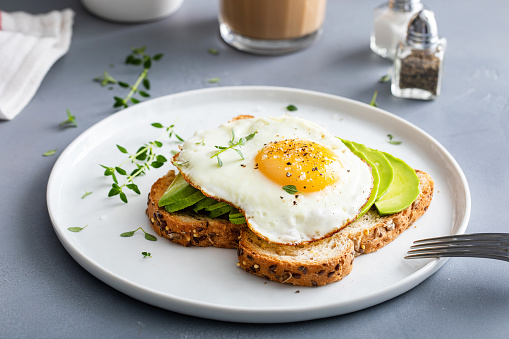 Wholegrain avocado toast with fried egg on top, healthy breakfast idea