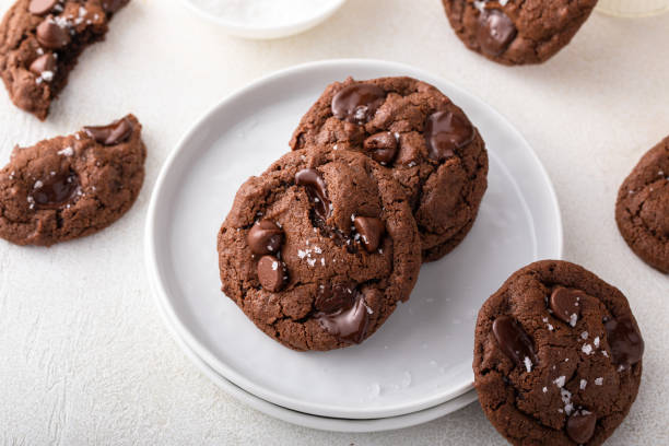 istock Double chocolate cookies with flaky salt on a plate 1492374980