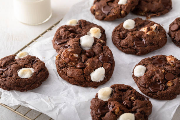 istock Double chocolate cookies with little marshmallows on a cooling rack 1492374983