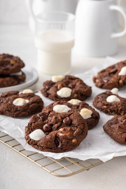 istock Double chocolate cookies with little marshmallows on a cooling rack 1492374987
