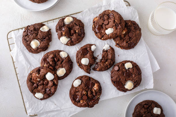 istock Double chocolate cookies with little marshmallows on a cooling rack 1492374991