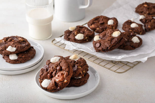 Double chocolate cookies with little marshmallows on a cooling rack