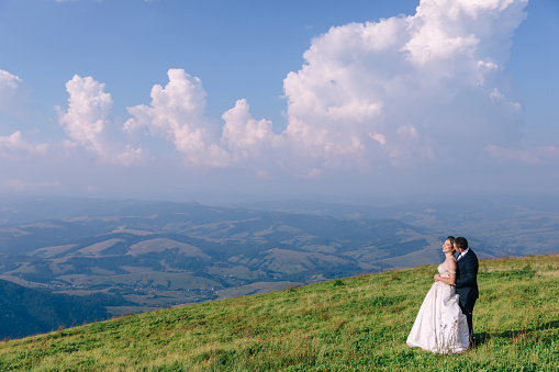 Newlyweds on the background of beautiful spring mountains. The concept of holding a wedding in nature, love, family and relationships