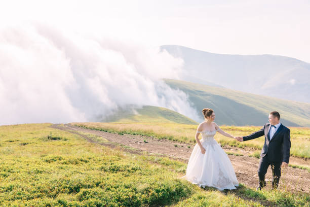 istock Gorgeous bride with handsome groom walking in the field after th 1492376472