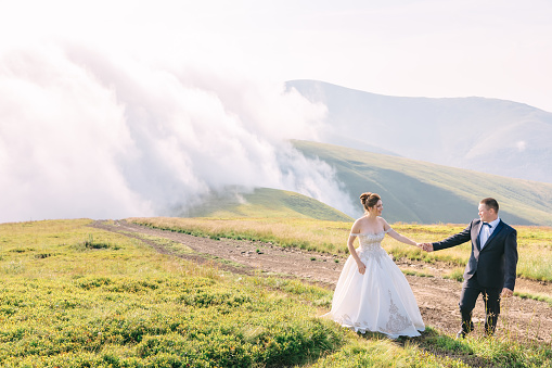 Gorgeous bride with handsome groom walking in the field after the wedding ceremony. Newlyweds pose against the backdrop of the mountains.