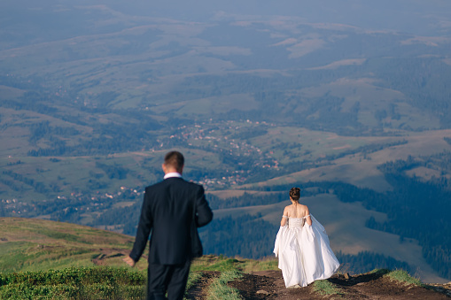 The bride and groom are walking along the path of the spring field. Newlyweds run along a country road on their honeymoon. Back view.