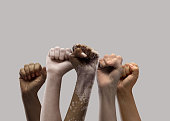 Hands of different people, of diverse race, skin color, gender raising fists up over grey background. Human rights and equality